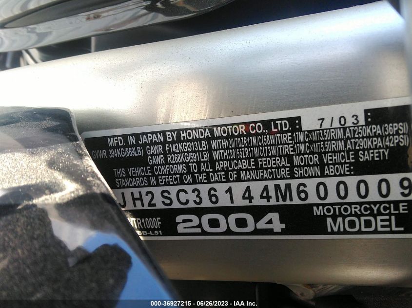 2004 HONDA VTR1000 F JH2SC36144M600009