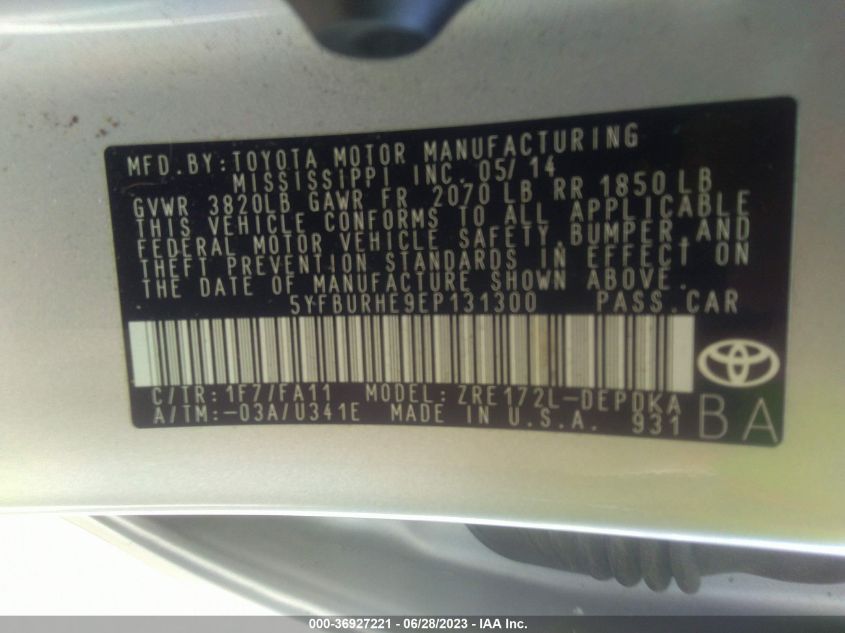 2014 TOYOTA COROLLA L/LE/S/S PLUS/LE PLUS - 5YFBURHE9EP131300