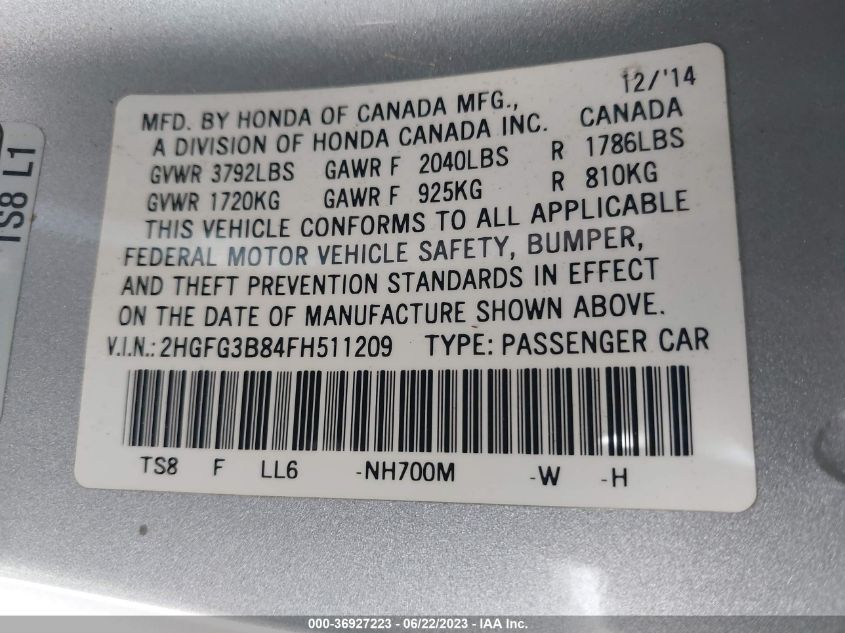 2015 HONDA CIVIC COUPE EX - 2HGFG3B84FH511209