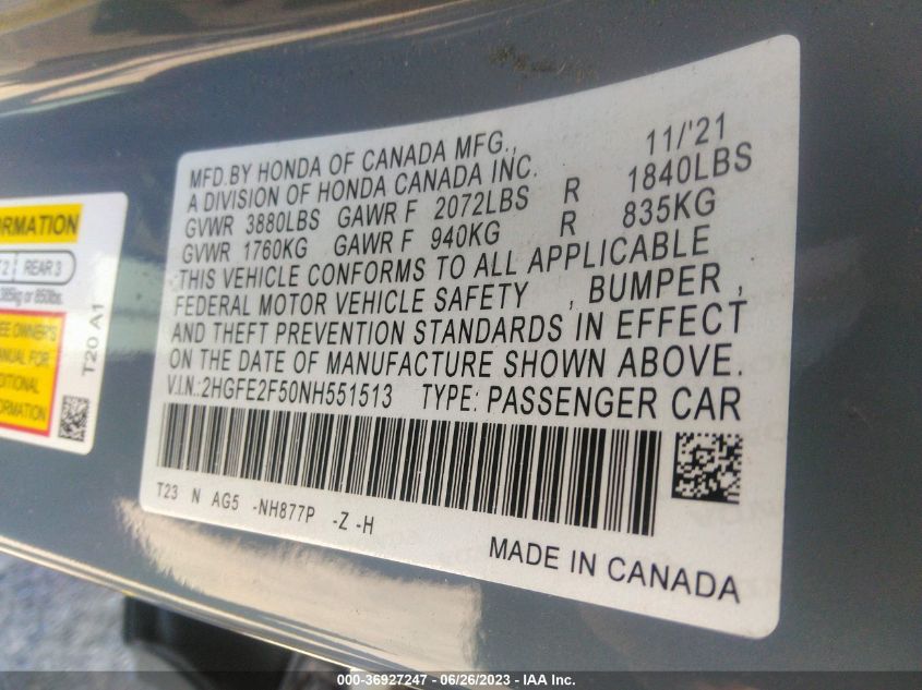 2022 HONDA CIVIC SEDAN SPORT - 2HGFE2F50NH551513