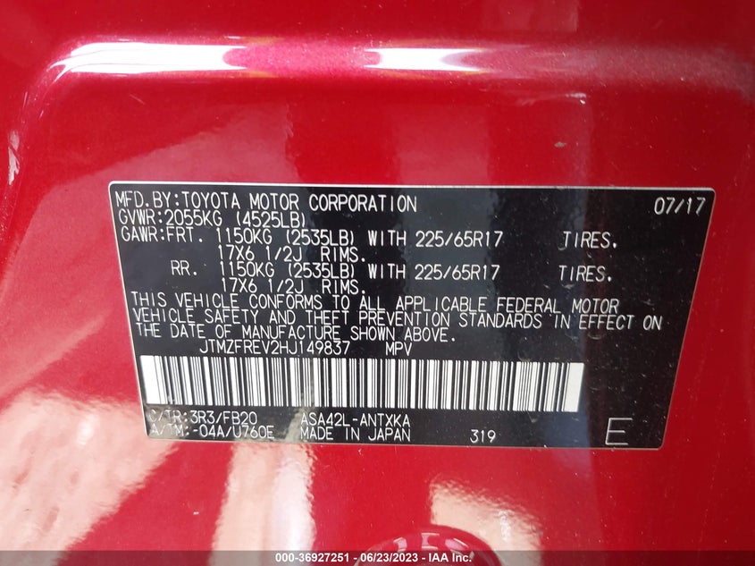 VIN JTMZFREV2HJ149837 2017 TOYOTA RAV4 LE
