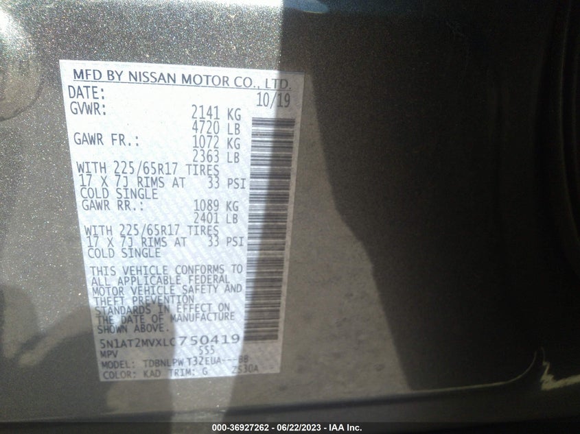 VIN 5N1AT2MVXLC750419 2020 NISSAN ROGUE S