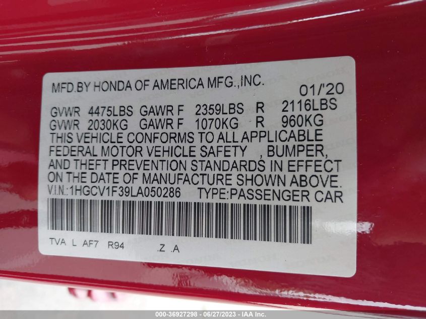 2020 HONDA ACCORD SEDAN SPORT - 1HGCV1F39LA050286