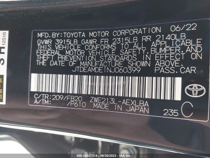 2022 TOYOTA COROLLA HYBRID LE - JTDEAMDE1NJ060399