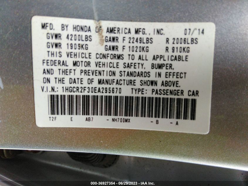 2014 HONDA ACCORD SEDAN LX - 1HGCR2F30EA295670