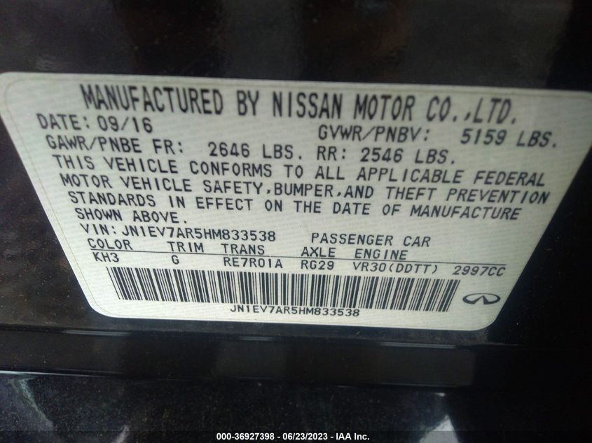 2017 INFINITI Q50 PREMIUM/SPORT/SE - JN1EV7AR5HM833538