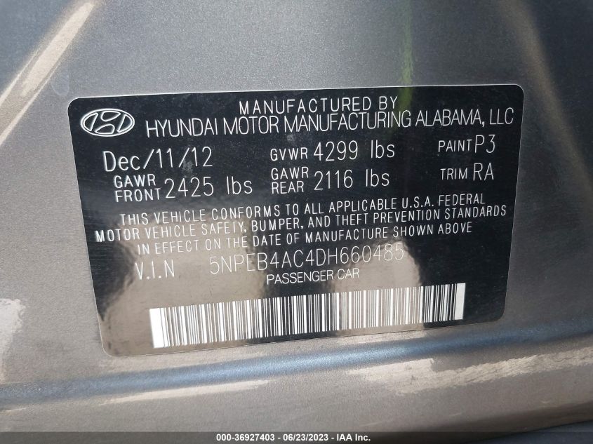 VIN 5NPEB4AC4DH660485 2013 HYUNDAI SONATA no.9