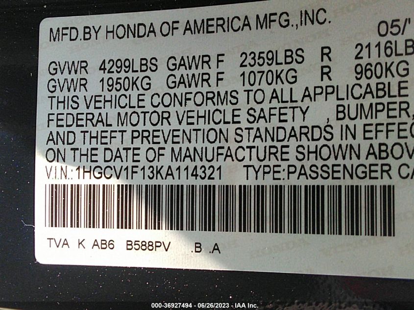 2019 HONDA ACCORD SEDAN LX 1.5T - 1HGCV1F13KA114321
