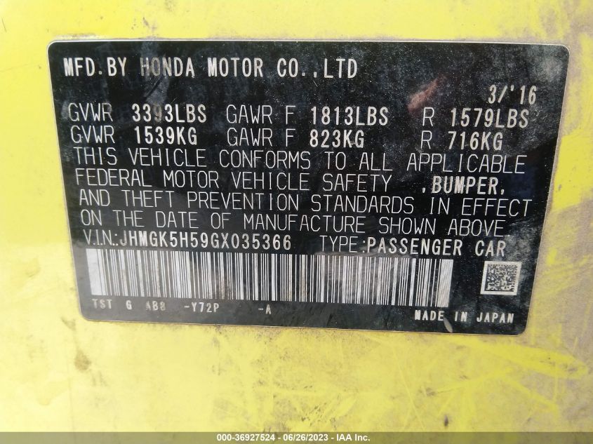 2016 HONDA FIT LX - JHMGK5H59GX035366