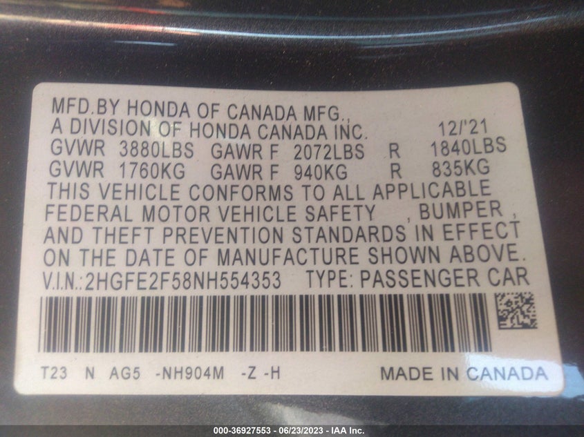 VIN 2HGFE2F58NH554353 2022 HONDA CIVIC SEDAN SPORT