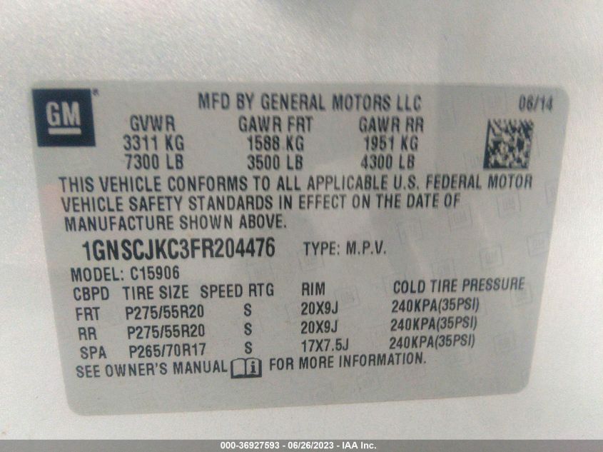 2015 CHEVROLET SUBURBAN C1500 LT - 1GNSCJKC3FR204476