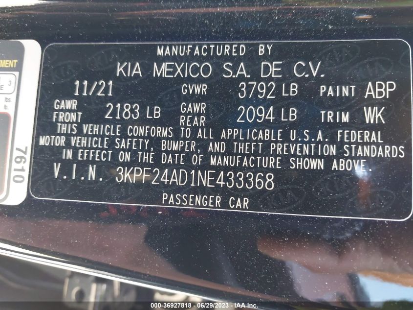 2022 KIA FORTE LXS - 3KPF24AD1NE433368