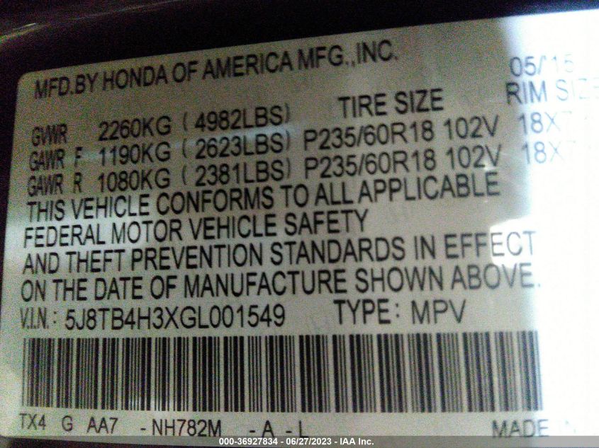 2016 ACURA RDX - 5J8TB4H3XGL001549