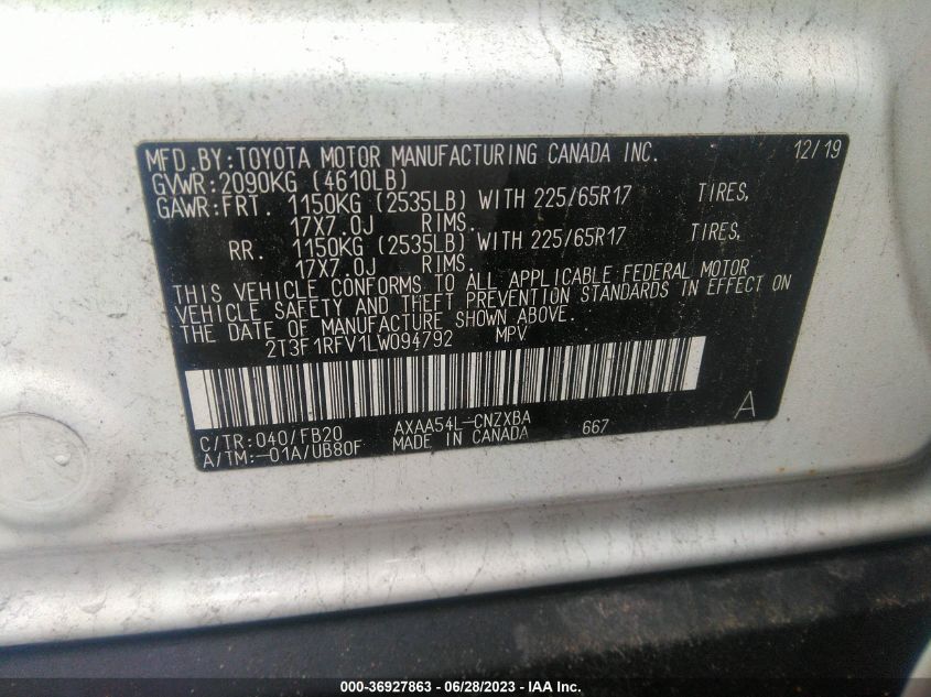2020 TOYOTA RAV4 LE - 2T3F1RFV1LW094792