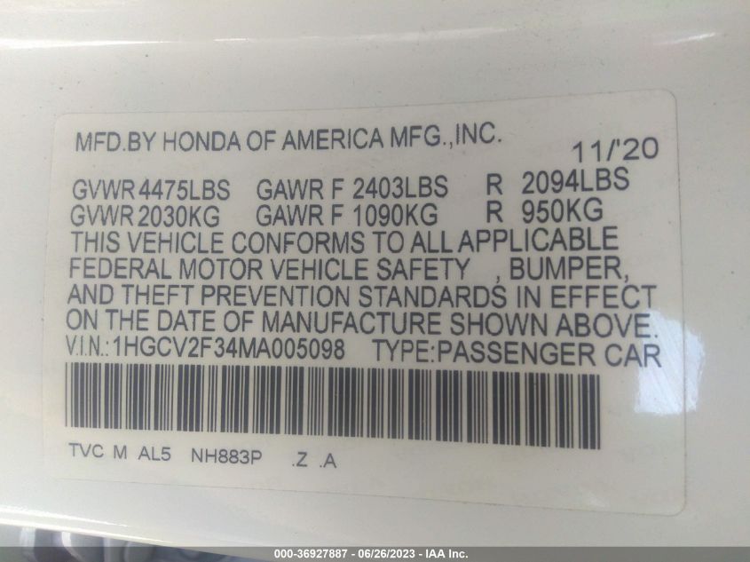 2021 HONDA ACCORD SEDAN SPORT - 1HGCV2F34MA005098