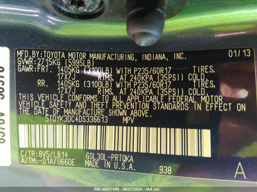 2013 TOYOTA SIENNA XLE AAS/XLE/LTD - 5TDYK3DC4DS336613