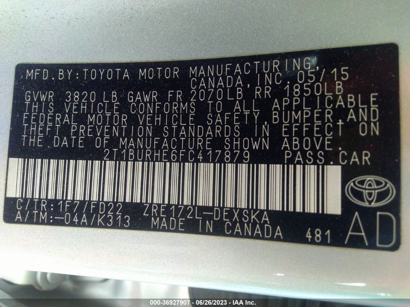 2015 TOYOTA COROLLA L/LE/S/S PLUS/LE PLUS - 2T1BURHE6FC417879