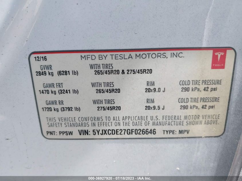 2016 TESLA MODEL X - 5YJXCDE27GF026646