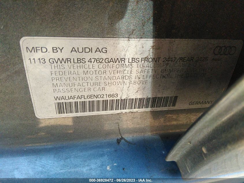2014 AUDI A4 PREMIUM - WAUAFAFL6EN021663