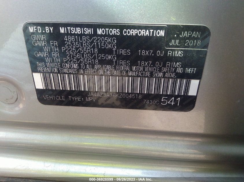 2019 MITSUBISHI OUTLANDER ES/SE/SEL/LE - JA4AZ3A36KZ004518