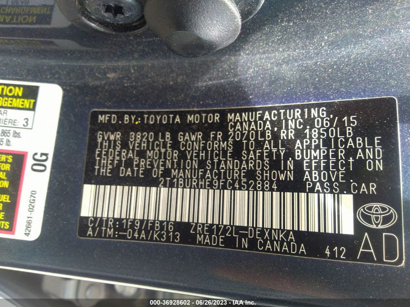 2015 TOYOTA COROLLA L/LE/S/S PLUS/LE PLUS - 2T1BURHE9FC452884