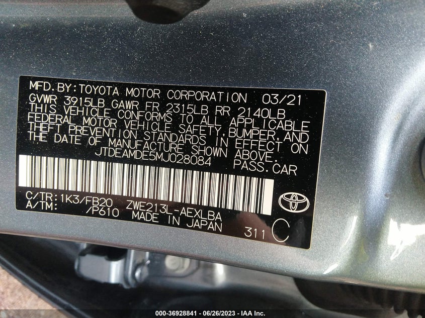 VIN JTDEAMDE5MJ028084 2021 TOYOTA COROLLA HYBRID LE