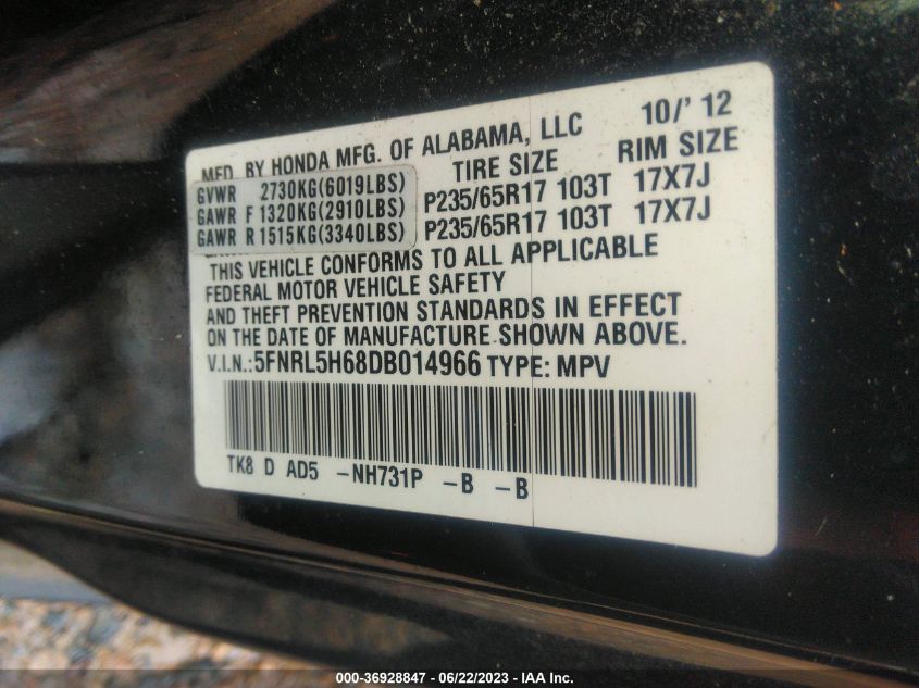 VIN 5FNRL5H68DB014966 2013 HONDA ODYSSEY no.9