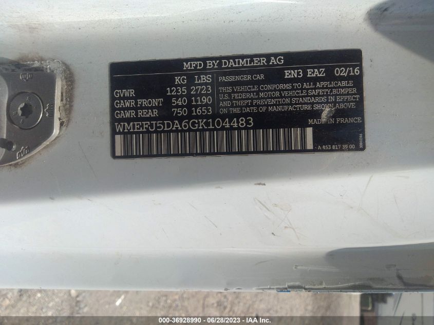 2016 SMART FORTWO PASSION/PURE/PRIME/PROXY - WMEFJ5DA6GK104483