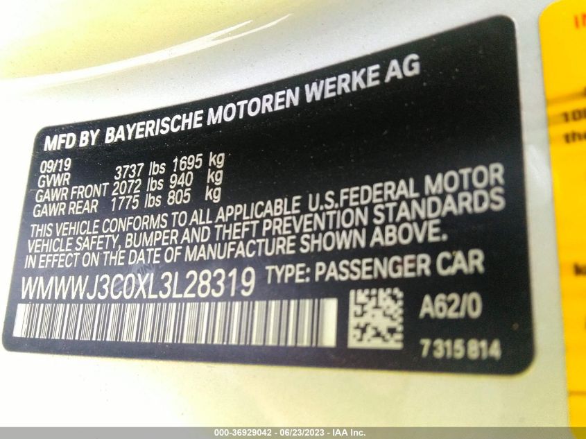 2020 MINI CONVERTIBLE COOPER - WMWWJ3C0XL3L28319