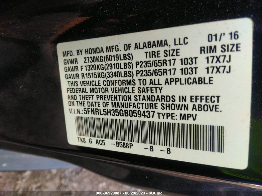 2016 HONDA ODYSSEY SE - 5FNRL5H35GB059437