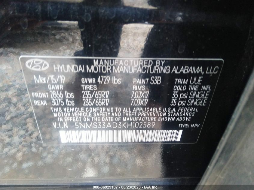 2019 HYUNDAI SANTA FE SEL - 5NMS33AD3KH102589