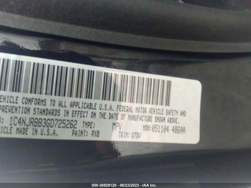 2016 JEEP PATRIOT SPORT - 1C4NJRBB3GD725262