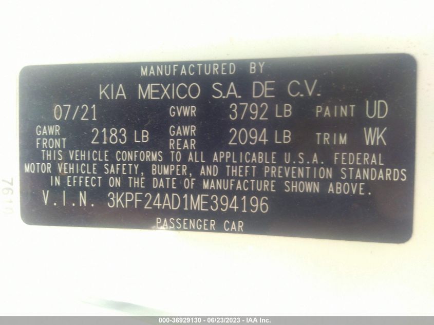 3KPF24AD1ME394196 Kia Forte LXS 9