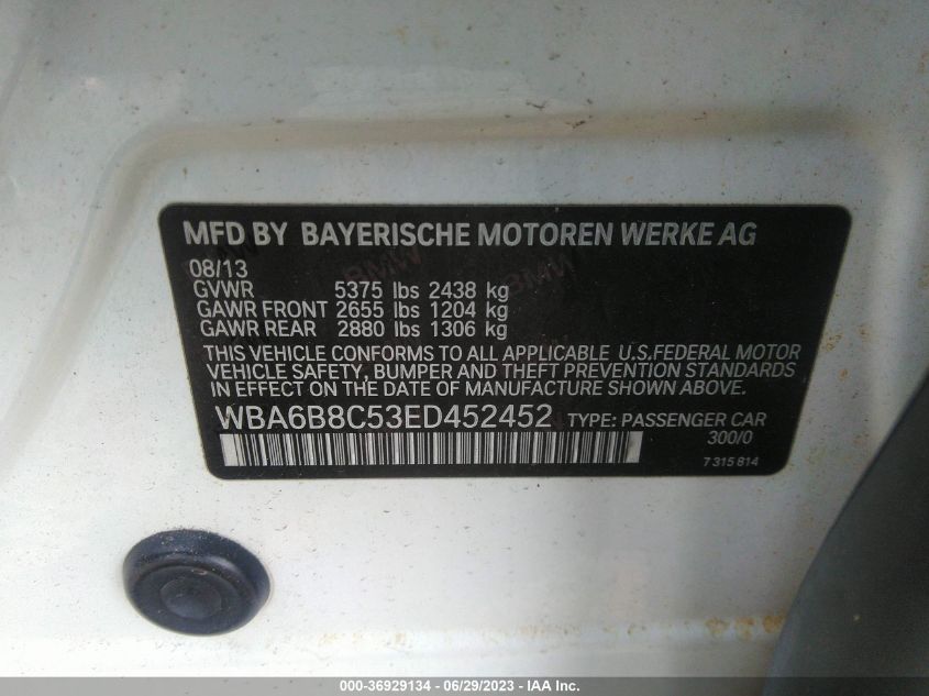 2014 BMW 6 SERIES 640I XDRIVE - WBA6B8C53ED452452