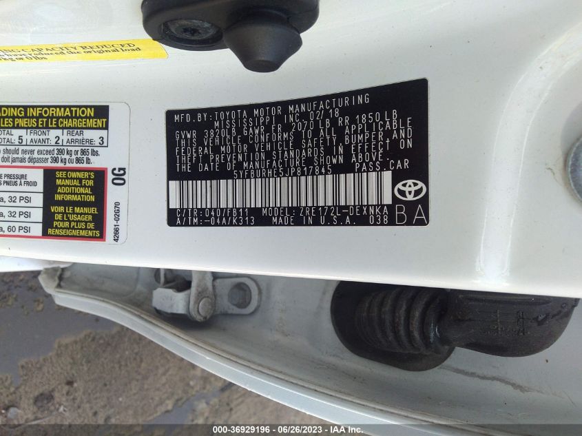 2018 TOYOTA COROLLA L/LE/XLE/SE/XSE - 5YFBURHE5JP817845