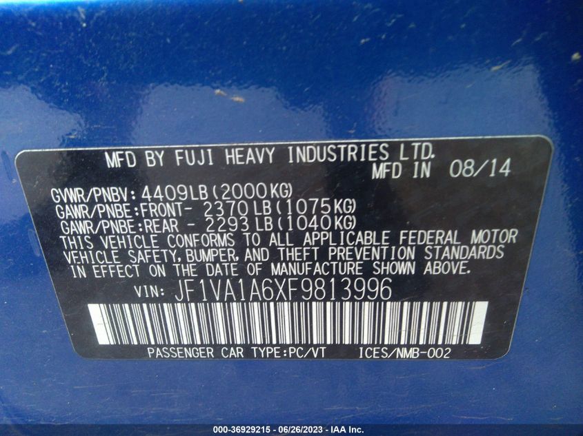 2015 SUBARU WRX - JF1VA1A6XF9813996