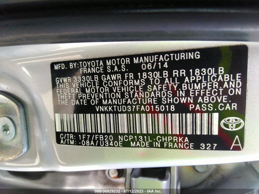 2015 TOYOTA YARIS L/SE/LE - VNKKTUD37FA015018