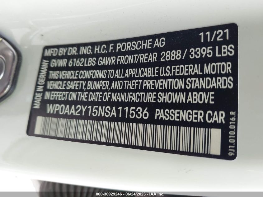 2022 PORSCHE TAYCAN WP0AA2Y15NSA11536