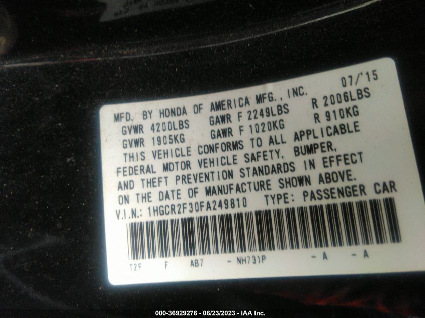 2015 HONDA ACCORD SEDAN LX - 1HGCR2F30FA249810