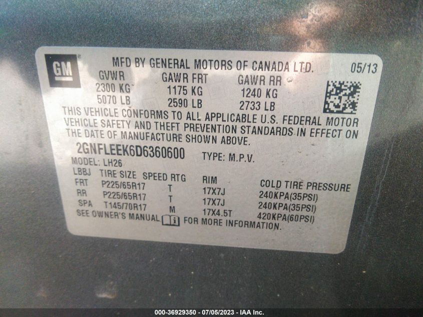 2013 CHEVROLET EQUINOX LT - 2GNFLEEK6D6360600