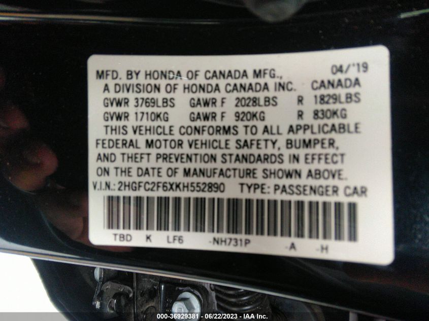 2019 HONDA CIVIC SEDAN LX - 2HGFC2F6XKH552890