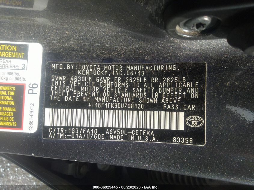 2013 TOYOTA CAMRY L/LE/SE/XLE - 4T1BF1FK9DU708120