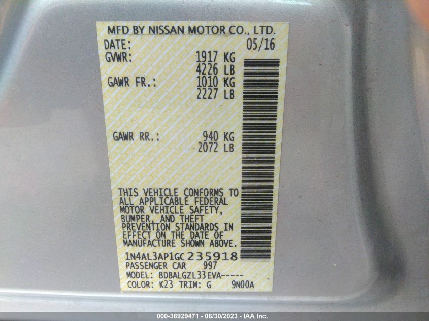 2016 NISSAN ALTIMA 2.5 - 1N4AL3AP1GC235918