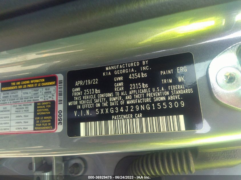 2022 KIA K5 EX - 5XXG34J29NG155309