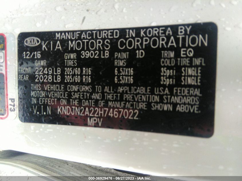 2017 KIA SOUL BASE - KNDJN2A22H7467022
