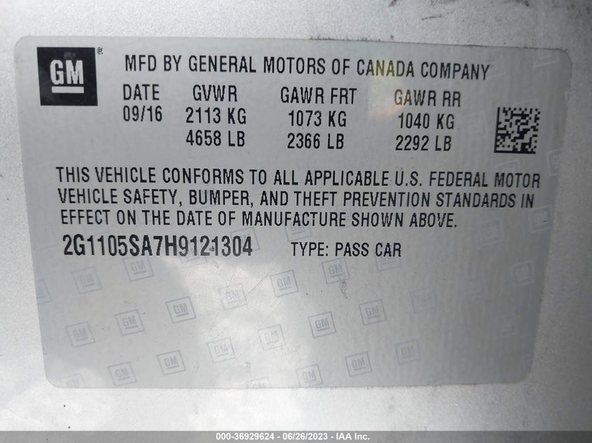 VIN 2G1105SA7H9121304 2017 CHEVROLET IMPALA LT