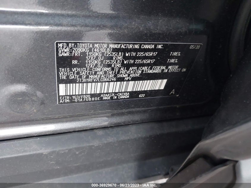 VIN 2T3H1RFV7LC066246 2020 TOYOTA RAV4 LE