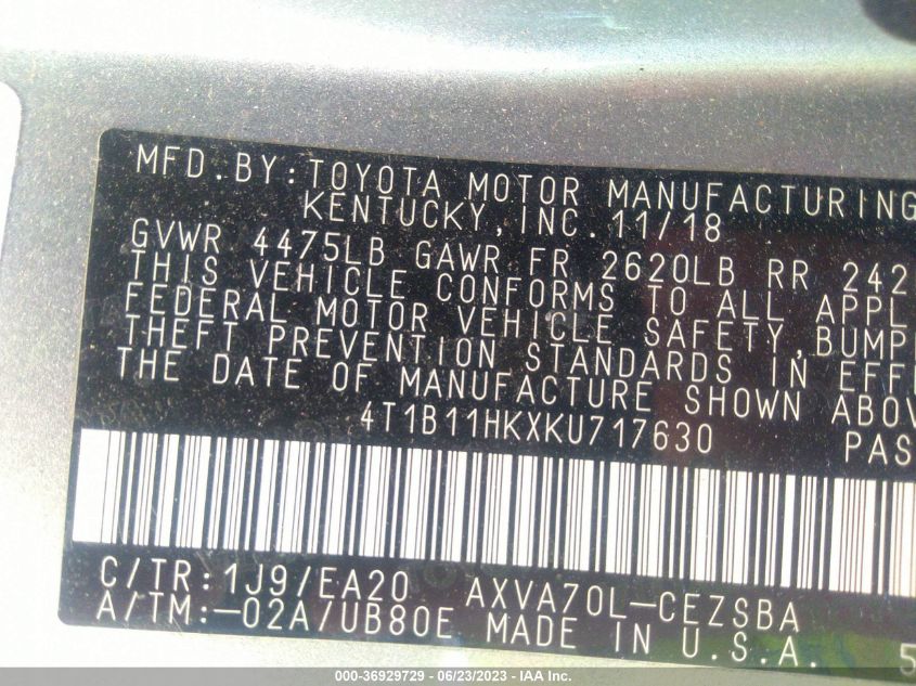 2019 TOYOTA CAMRY LE/SE/XLE/L - 4T1B11HKXKU717630