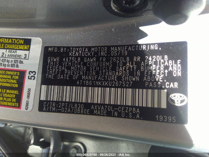 4T1B61HKXKU267527 Toyota Camry XSE 9