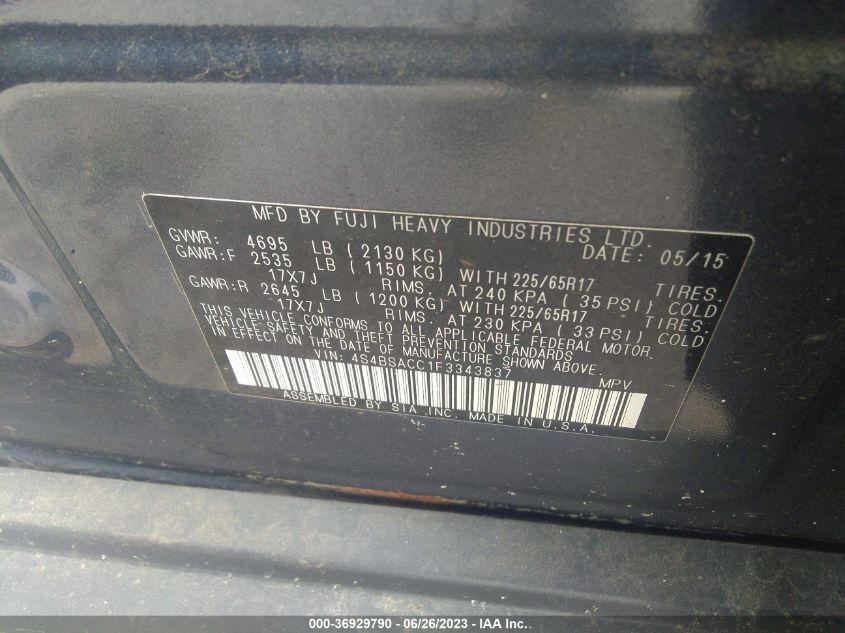 2015 SUBARU OUTBACK 2.5I PREMIUM - 4S4BSACC1F3343837